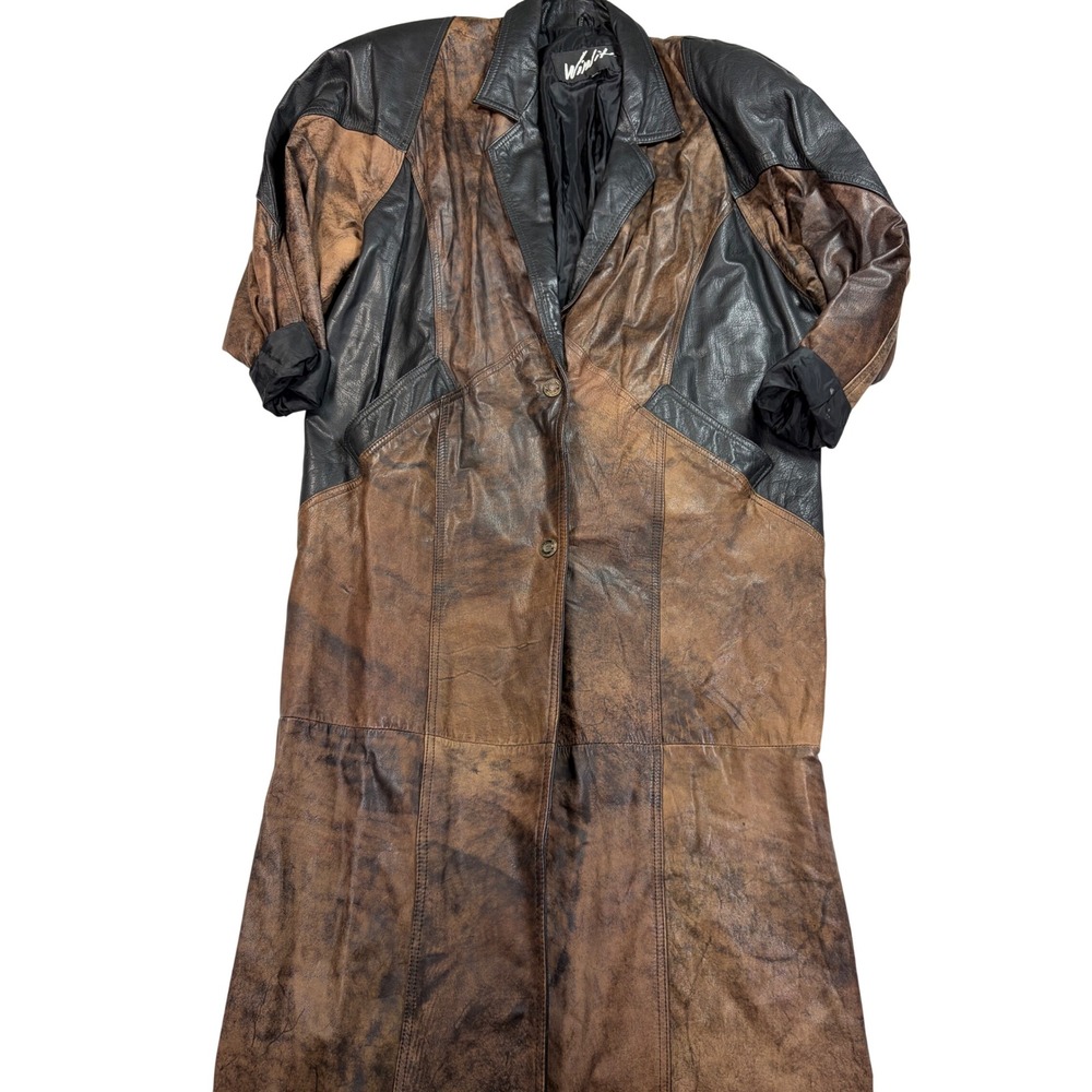 Vintage Winlit Genuine Leather Trench Coat Brown Black Paneled Duster Jacket S